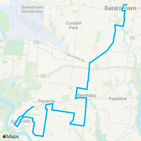 Sydney Buses Network East Hills to Bankstown via Panania map