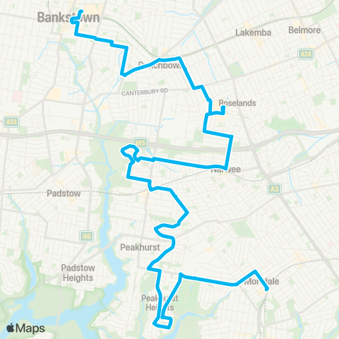 Sydney Buses Network Bankstown to Mortdale via Peakhurst Hts map