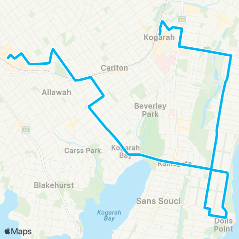 Sydney Buses Network Kogarah to Hurstville via Dolls Point map