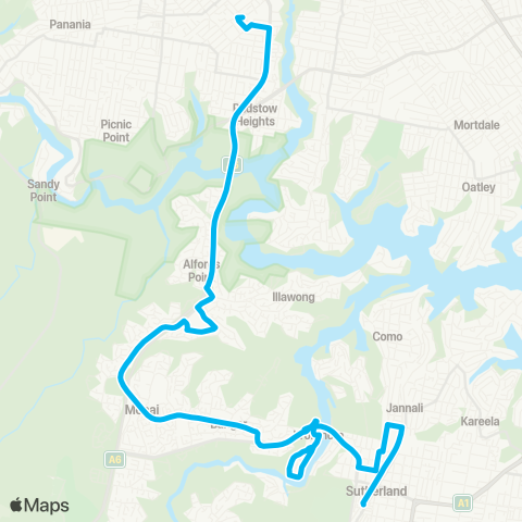 Sydney Buses Network Sutherland to Woronora (Loop Service) map