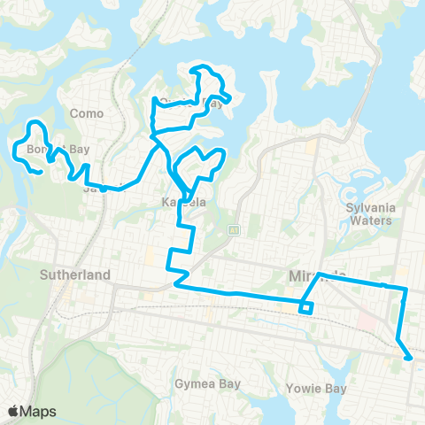 Sydney Buses Network Bonnet Bay to Miranda via Kareela map