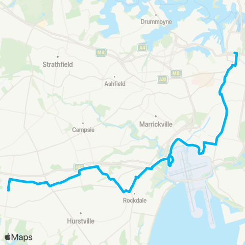 Sydney Buses Network Riverwood to City Town Hall via Airport (Night Service) map