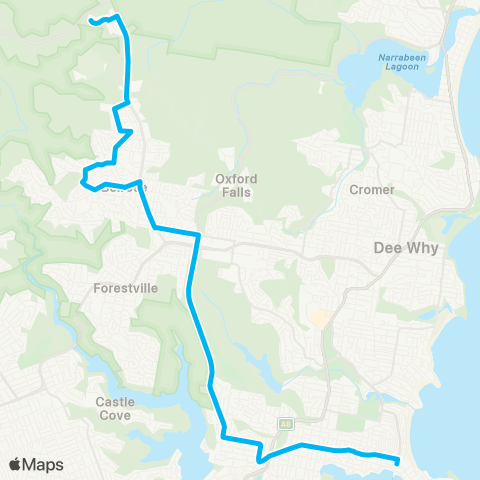 Sydney Buses Network Austlink to Manly via Frenchs Forest & Seaforth map