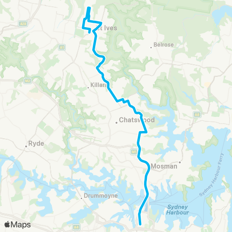 Sydney Buses Network St Ives to City QVB (Express Service) map