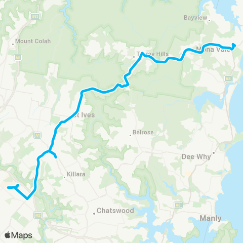 Sydney Buses Network Mona Vale to Macquarie Univ via Gordon map