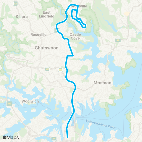 Sydney Buses Network Killarney Hts to City QVB via Forestville map