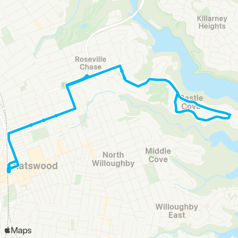 Sydney Buses Network Chatswood to Castle Cove (Loop Service) map