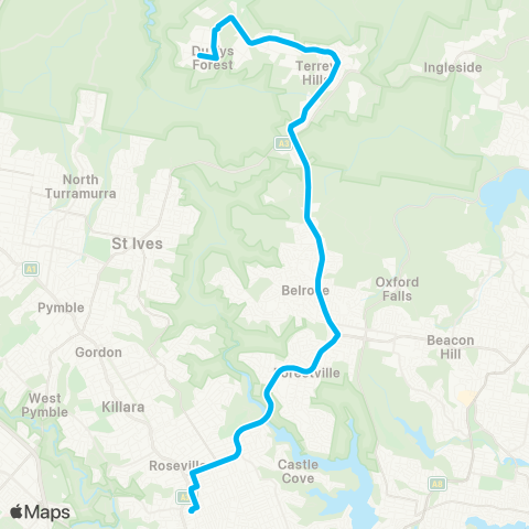 Sydney Buses Network Duffys Forest to Terrey Hills & Chatswood map