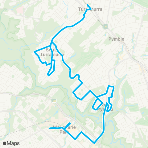 Sydney Buses Network Turramurra to Macquarie Univ via S Turramura & W Pymble map