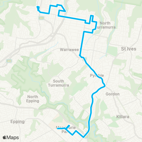 Sydney Buses Network Hornsby to Macquarie Univ via Turramurra map