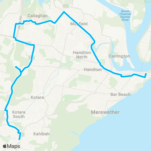 Hunter Buses Network Charlestown to Newcastle via Jesmond map