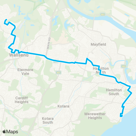 Hunter Buses Network Maryland to Merewether Bch via Wallsend and Newcastle Interchange map