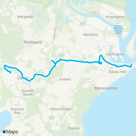 Hunter Buses Network Glendale to Newcastle via Cardiff & John Hunter Hosp map