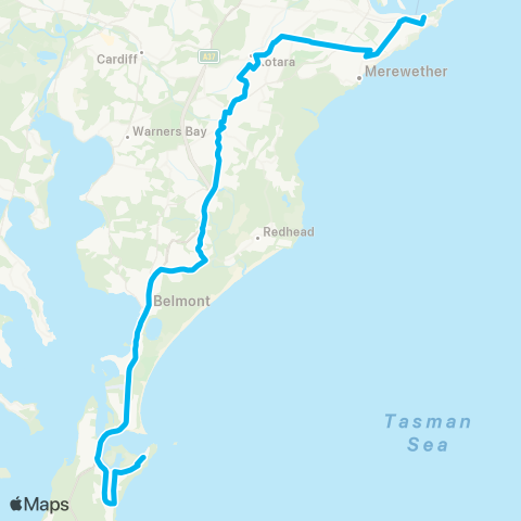 Hunter Buses Network Swansea Heads to Newcastle via Belmont, Charlestown & Kotara map