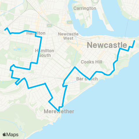 Hunter Buses Network Broadmeadow to Newcastle via Merewether map