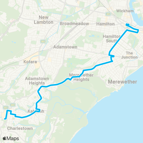 Hunter Buses Network Charlestown to Newcastle W via Merewether map