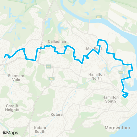 Hunter Buses Network Wallsend to Marketown via Mayfield map