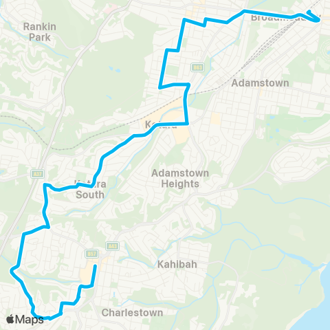 Hunter Buses Network Charlestown to Broadmeadow via Kotara map