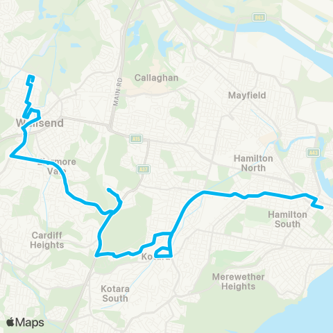 Hunter Buses Network Wallsend to Newcastle W via Kotara & Newcastle Interchange map