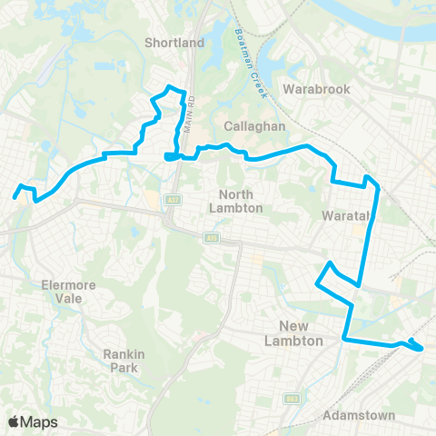 Hunter Buses Network Wallsend to Broadmeadow via Newcastle Univ map