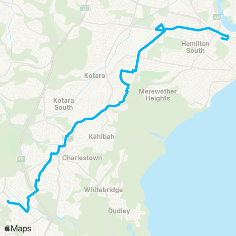 Hunter Buses Network Mt Hutton to Newcastle W via Broadmeadow & Newcastle Interchange map