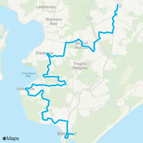 Hunter Buses Network Belmont to Charlestown via Croudace Bay & Mt Hutton map