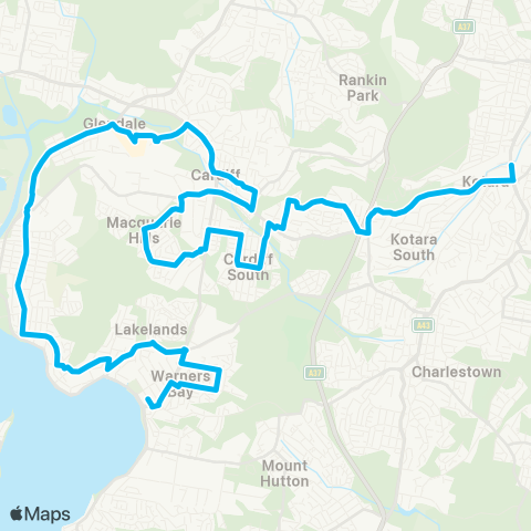 Hunter Buses Network Warners Bay to Kotara via Glendale, Cardiff & Macquarie Hills map