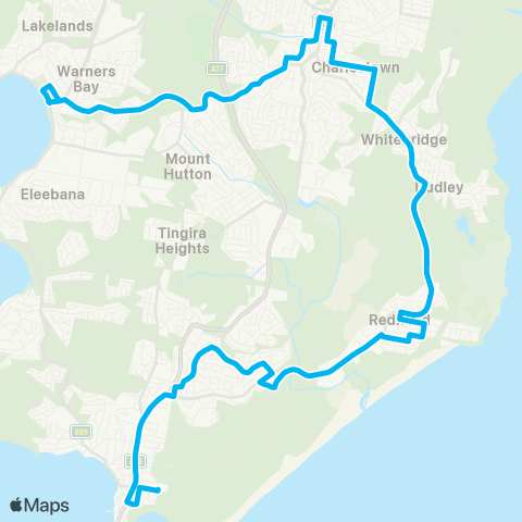 Hunter Buses Network Belmont to Warners Bay via Redhead & Charlestown map