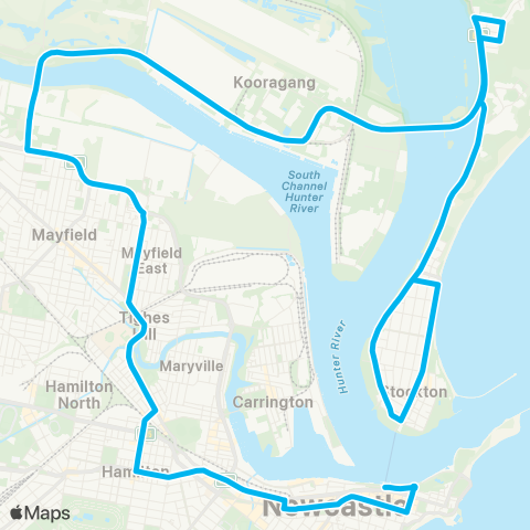 Hunter Buses Network Stockton to Newcastle (Night Service) map