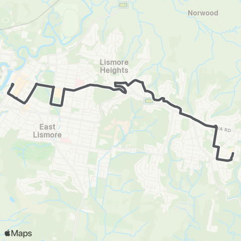 Private bus services Goonellabah to Lismore via Lismore Hts and Lismore Base Hosp map