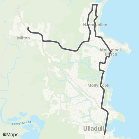 Private bus services Ulladulla to Milton via Mollymook and Narrawallee map