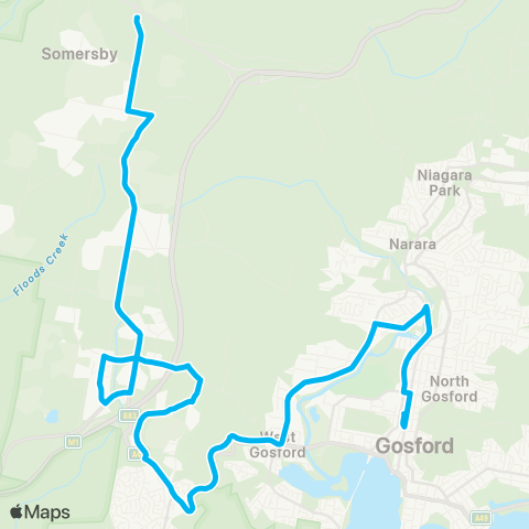 Central Coast Buses Network Somersby to Gosford via Industrial Estate & W Gosford map