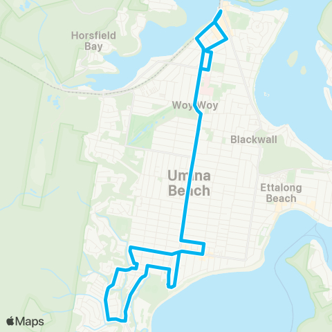 Central Coast Buses Network Woy Woy to Umina via Ocean Bch Rd (Loop Service) map