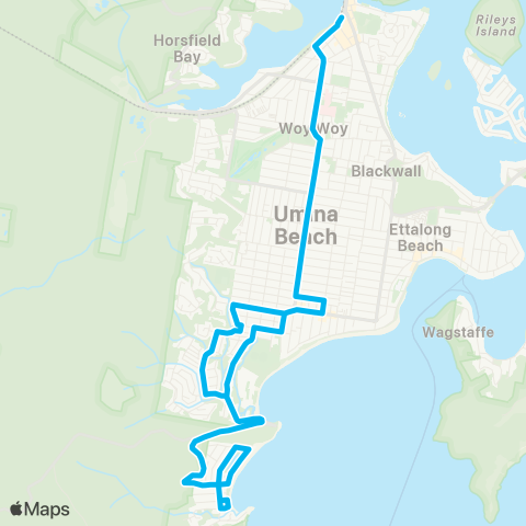 Central Coast Buses Network Umina Beach to Woy Woy via Pearl Beach map