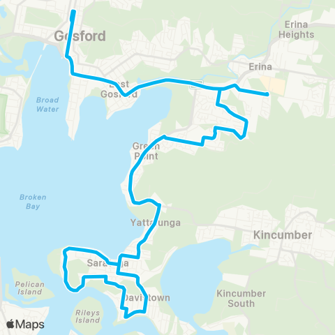 Central Coast Buses Network Gosford to Saratoga & Davistown via Green Pt & Erina Fair (Loop Service) map