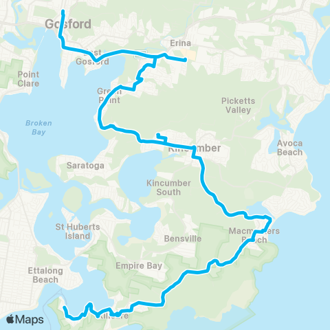 Central Coast Buses Network Wagstaffe to Gosford via Macmasters Bch & Kincumber map