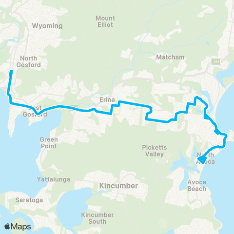 Central Coast Buses Network Gosford to N Avoca via Terrigal (Loop Service) map