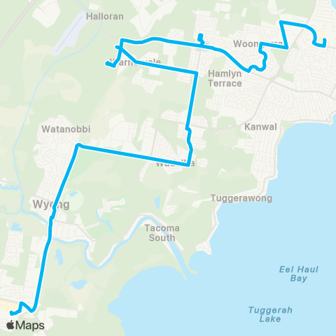 Central Coast Buses Network Tuggerah to Lk Haven via Wadalba & Warnervale map