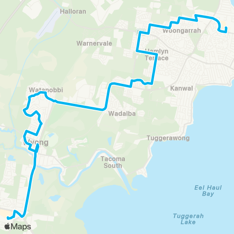 Central Coast Buses Network Lk Haven to Tuggerah via Woongarrah, Hamlyn Ter & Wattanobi map