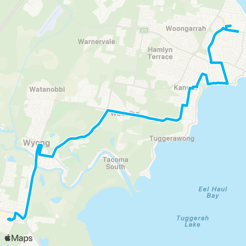 Central Coast Buses Network Lk Haven to Tuggerah via Kanwal, Wyongah & Wadalba map