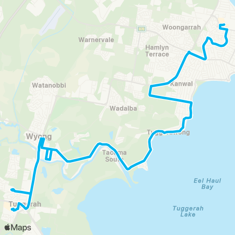 Central Coast Buses Network Lk Haven to Tuggerah via Wyongah, Tuggerawong & Tacoma map