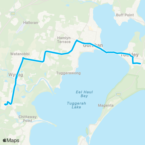 Central Coast Buses Network Noraville to Tuggerah via Wyong & Toukley map