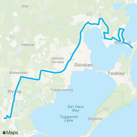 Central Coast Buses Network Budgewoi to Tuggerah via San Remo & Wyong map