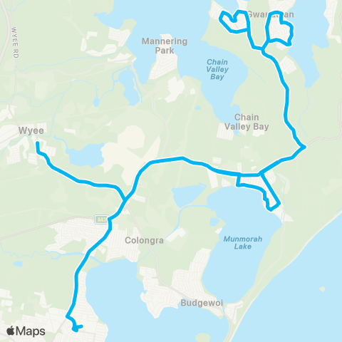 Central Coast Buses Network Lake Haven to Wyee via Gwandalan map