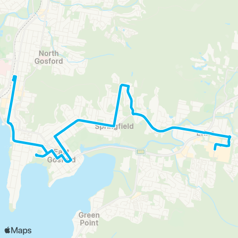 Central Coast Buses Network Erina Fair to Gosford via Springfield map