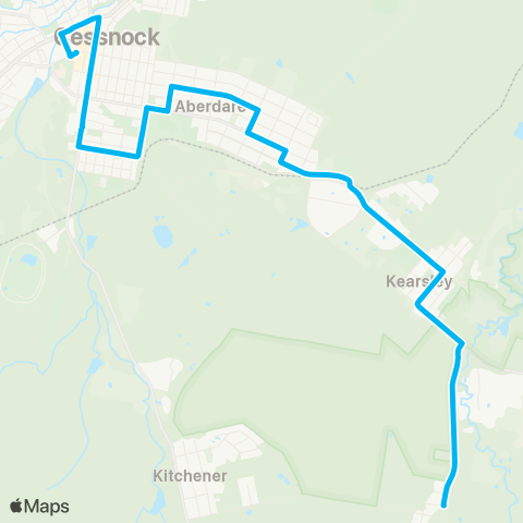 Hunter Buses Network Cessnock to Abernethy via Kearsley map