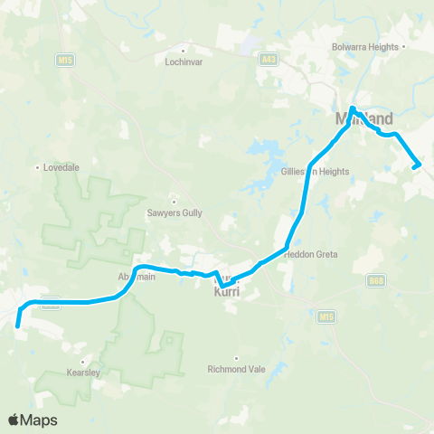 Hunter Buses Network Cessnock to Maitland via Kurri Kurri map