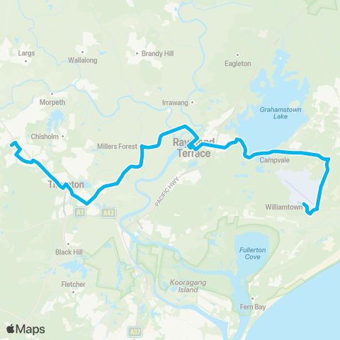 Hunter Buses Network Newcastle Airport to Green Hills Shopping Ctr  via Raymond Ter map