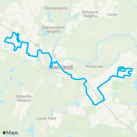 Hunter Buses Network Rutherford to Tenambit via Maitland & Green Hills Shopping Ctr map