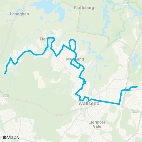 Hunter Buses Network Minmi to Univ of Newcastle via Fletcher, Maryland & Wallsend map